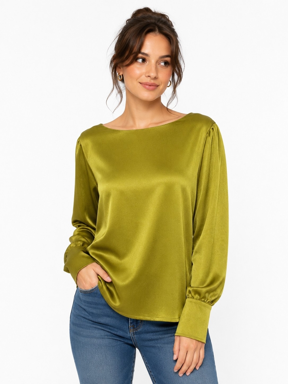 Satin Boatneck Blouse in Olive Green - Women's Top